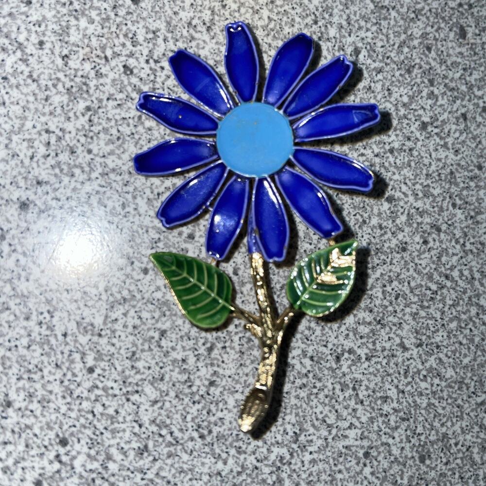 Vintage Signed ART Enamel Daisy Flower Brooch Blue Gold Tone Arthur Pepper - Picture 1 of 5